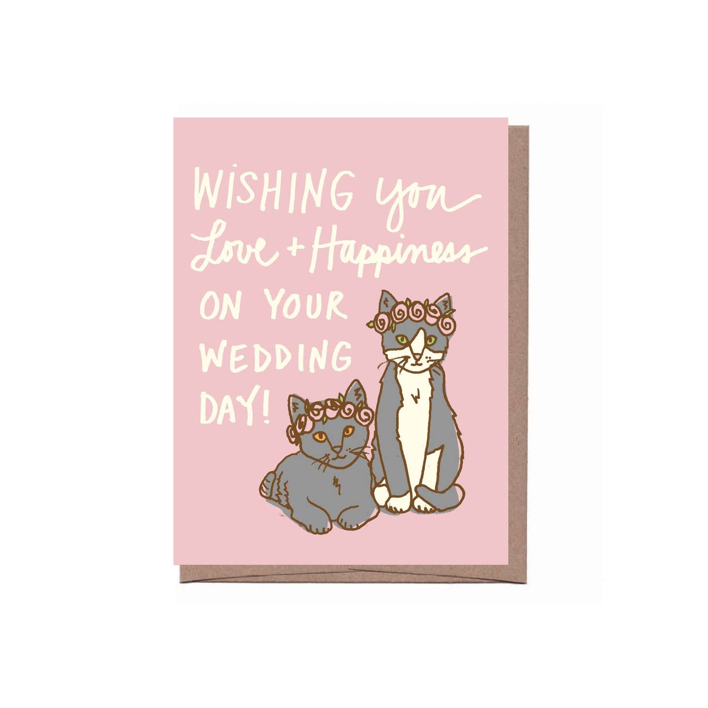 Greeting card depicting 2 grey cats wearing pink flower crowns. Text says "Wishing you love and happiness on your wedding day"
