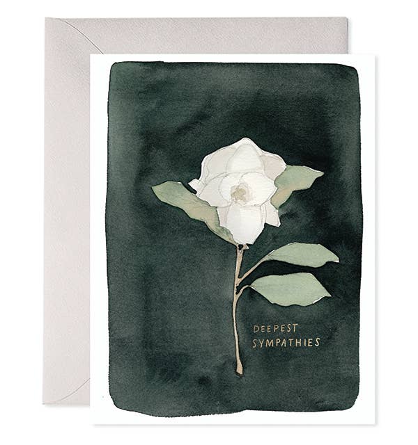 White border with black background and image of white flower with pale green leaves and grey text says, “Deepest sympathy”. Grey envelope is included. 