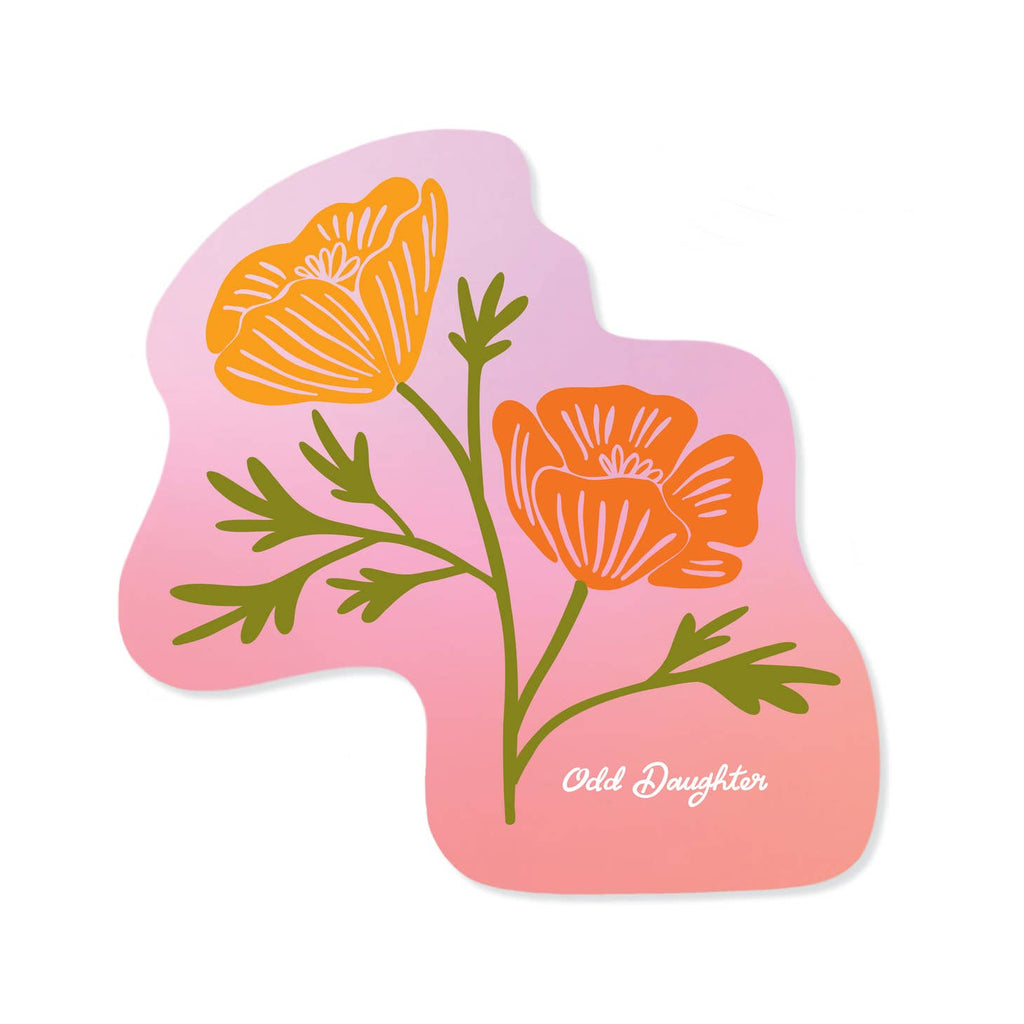 Sticker with pink background with image of two poppies in yellow and orange with green stems. 