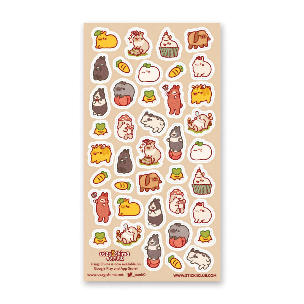 Sticker sheet with images of bunnies and carrots in various positions. 
