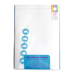White paper with line of  aqua dots at top and aqua background stickers with white clouds. 