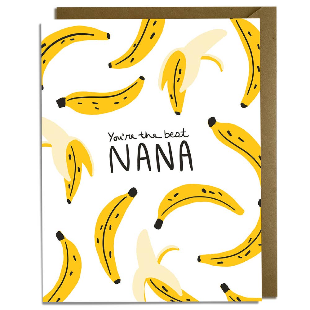 Greeting card with white background and images of bananas with black text says, "You're the best Nana". Kraft envelope included, 