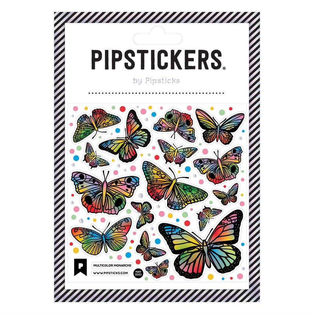 Sticker sheet with images of colorful butterflies with holographic details. 