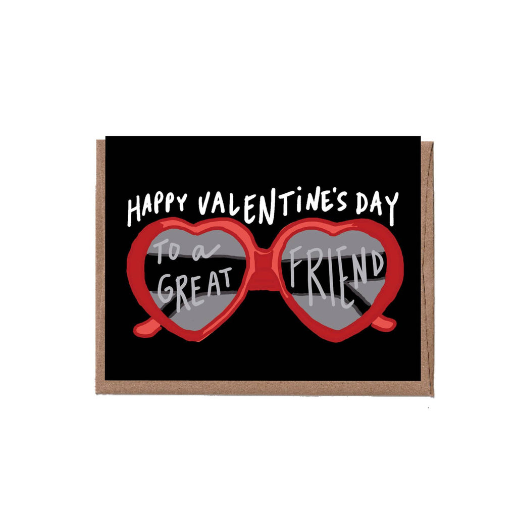 Greeting card depicting a pair of red, heart-shaped sunglasses. Text says "Happy Valentine's Day to a great friend"