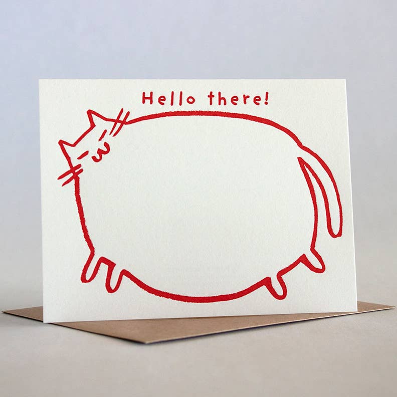 White background with image of red cat outline and red text says,”Hello there!”. Kraft envelopes are included.  