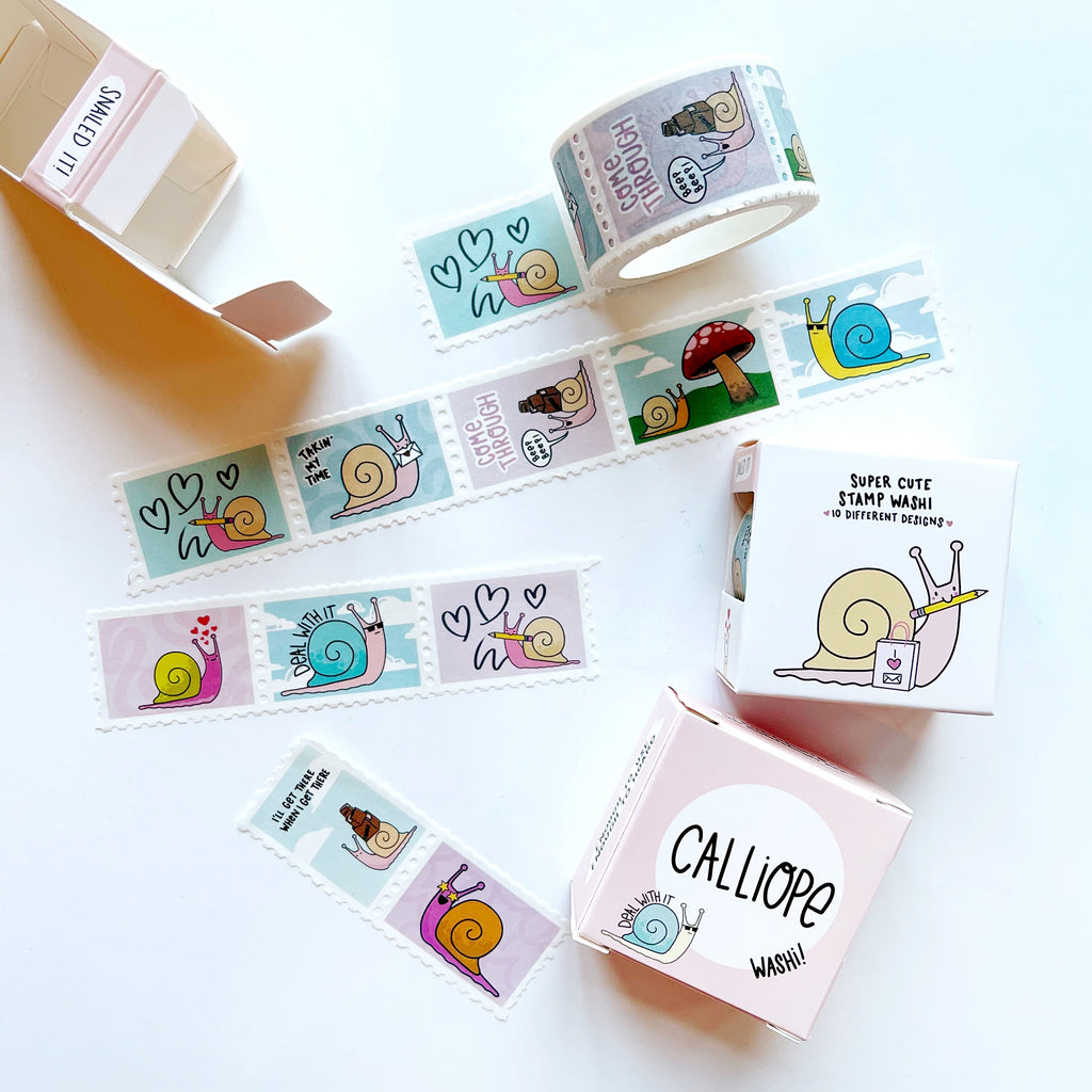 Images of stamp Washi tape with image of Ernie the snail in various scenes. 