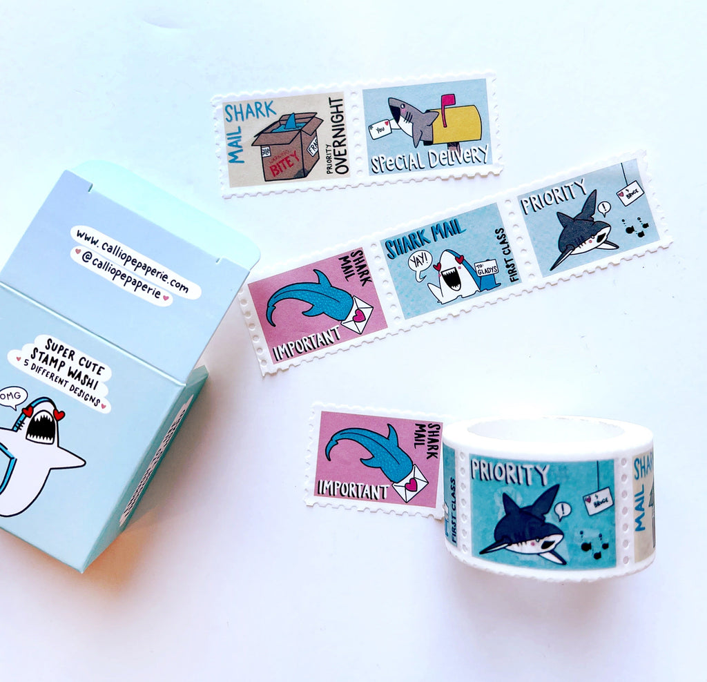 Image of stamp Washi tape with images of sharks and mail.