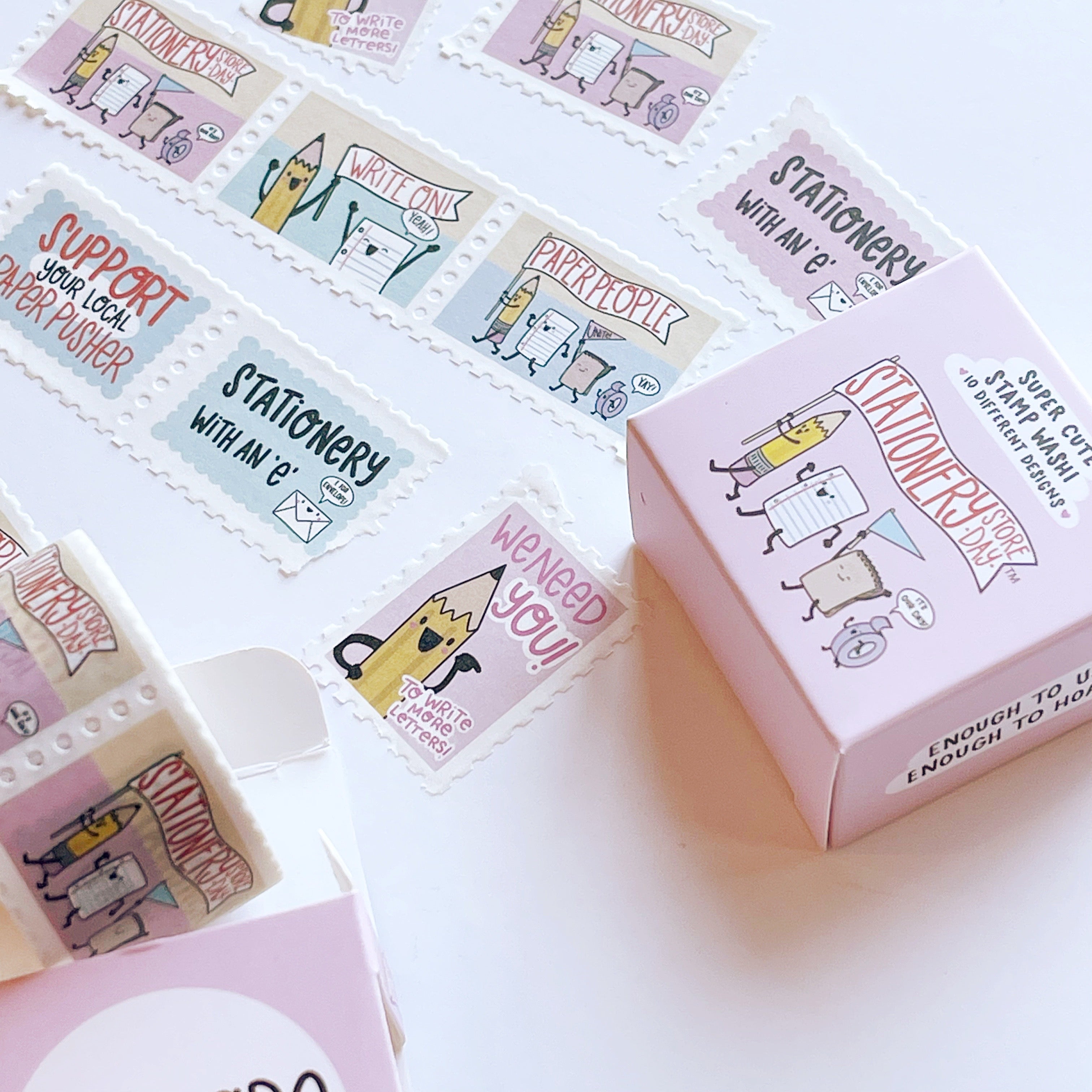 Image of stamp Washi tape with pink, blue and white background with image of the Stationery Store Day street team on each stamp.