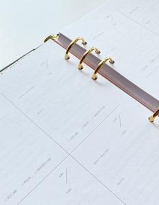 Image of open planner with brass rings and blocks for information od meetings and notes.