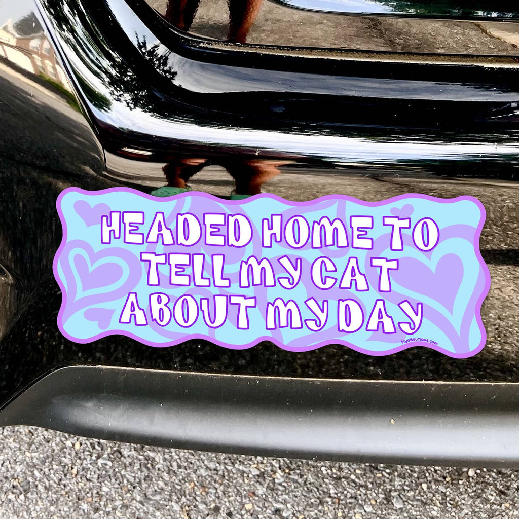 Light blue background with lilac hearts and white text says, "Headed home to tell my cat about my day".