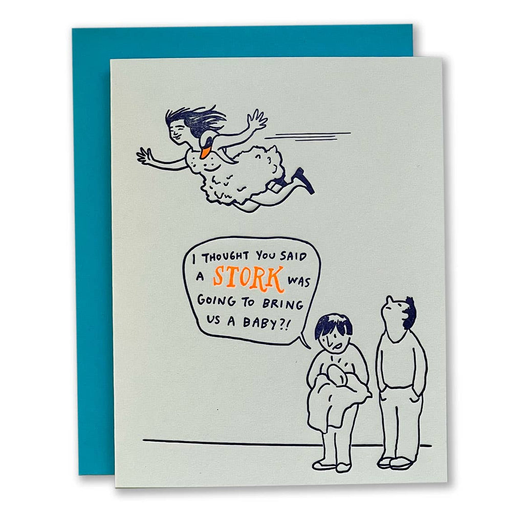 Greeting card with image of Bjork flying overhead and two people standing under her, one has a blanket and a baby in it. Blue text says, "I thought you said a stork was going to bring us a baby?!". Blue envelope included.