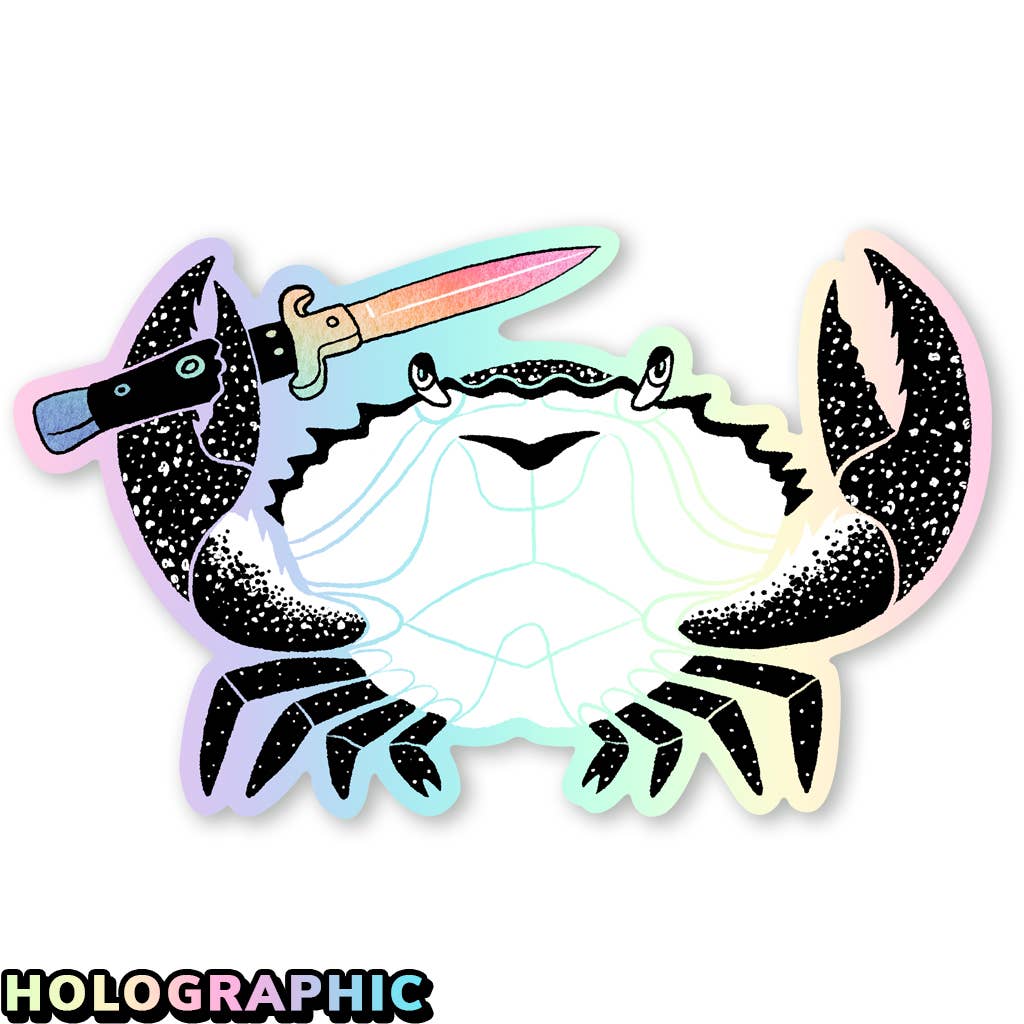 Image of a crab holding a switchblade. 