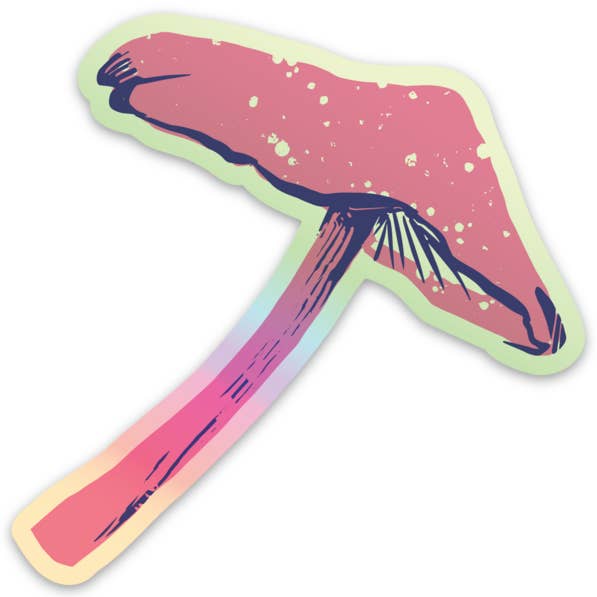 Image of sticker in shape of a pink mushroom with holographic details. 