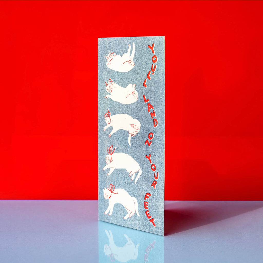Greeting card with grey background with images of a white cat falling and turning over ask it falls to land on its feet. Red text says, "You'll land on your feet". Envelope included. 