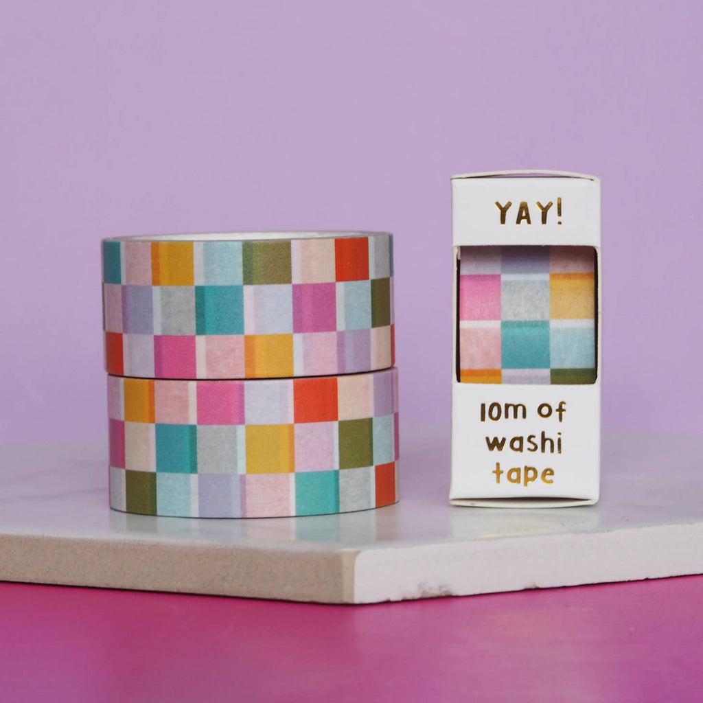 Image of rolls of Washi tape in checkerboard pattern in aqua, pink, tan, yellow, olive green and lilac. 