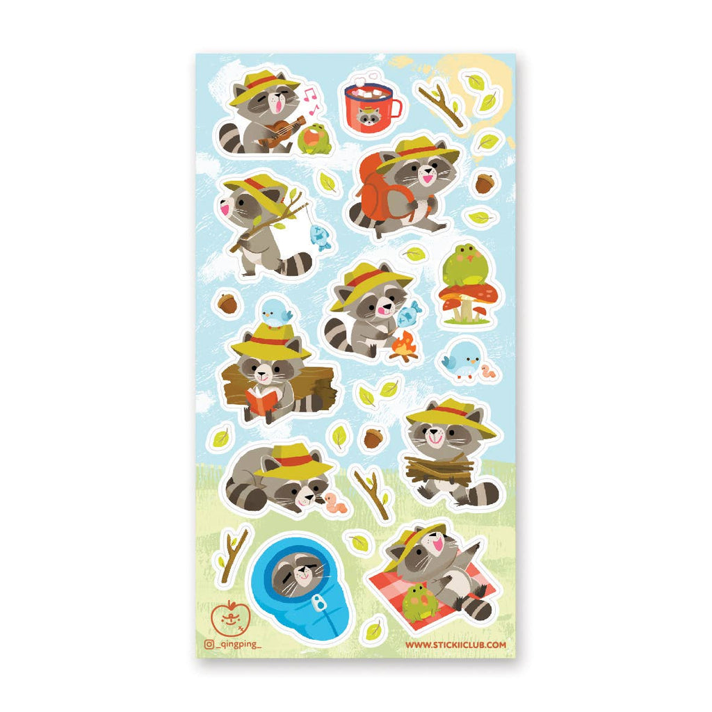 White background with images of raccoons doing camping activities.         