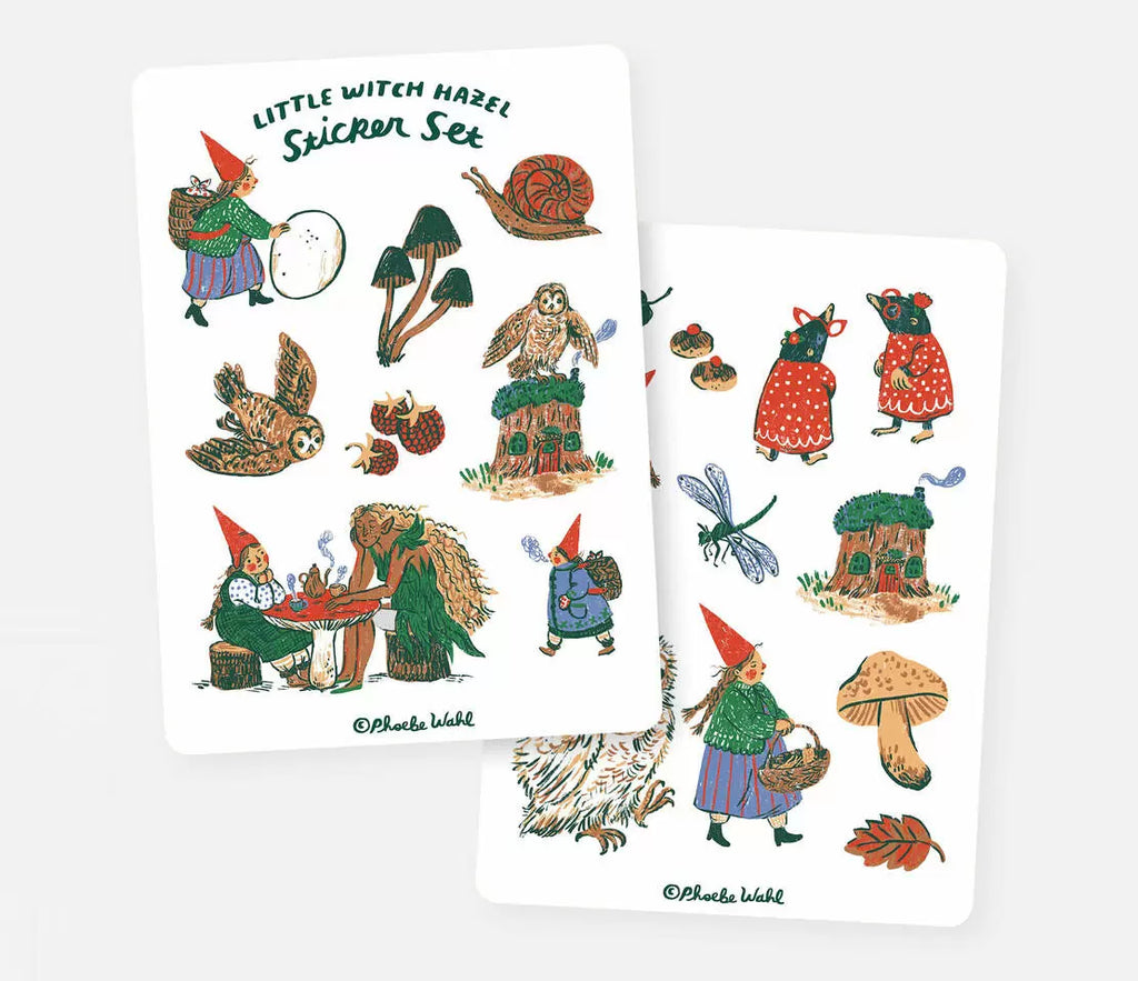 Sticker sheets with white background and images of owls, snails,toadstools, moles in dresses and gnomes in green, blue, red and black and brown.