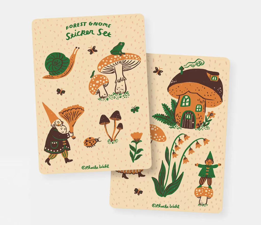 Two sticker sheets with tan background and images of toadstools, frogs, gnomes, flowers and snails in brown, white, green and tan. 