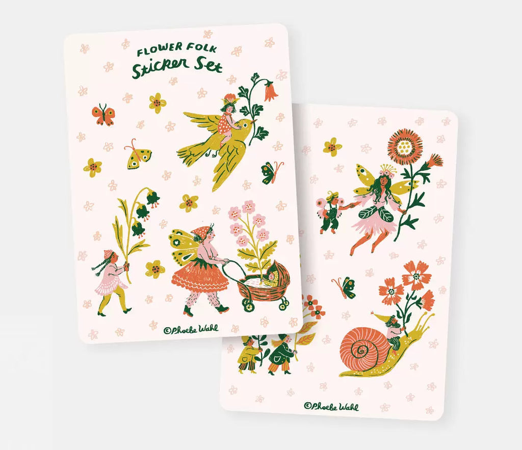 Two sticker sheets with pale pink background and iamges of gnomes on birds, carrying flowrs and butterflies in orange, yellow, green and pink. 