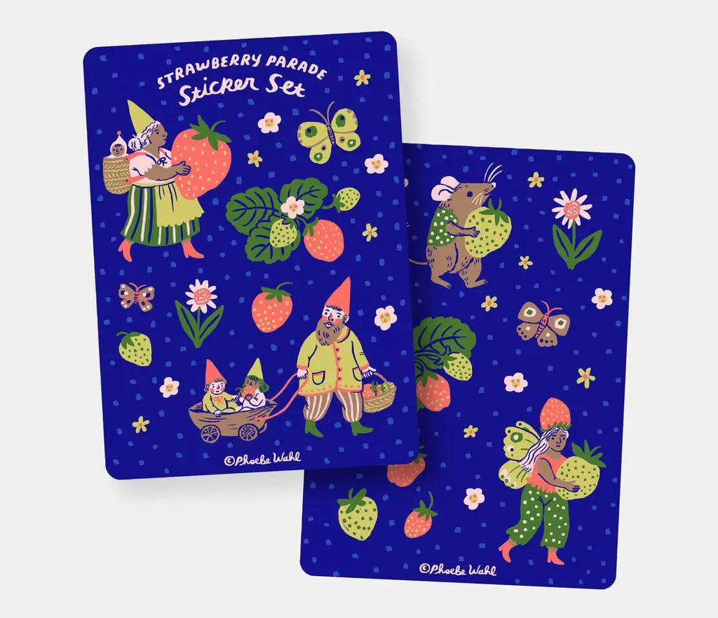Sticker sheets with purple background and images of mice carrying strawberries, gnomes, strawberries and flowers in pink, green, white and tan. 