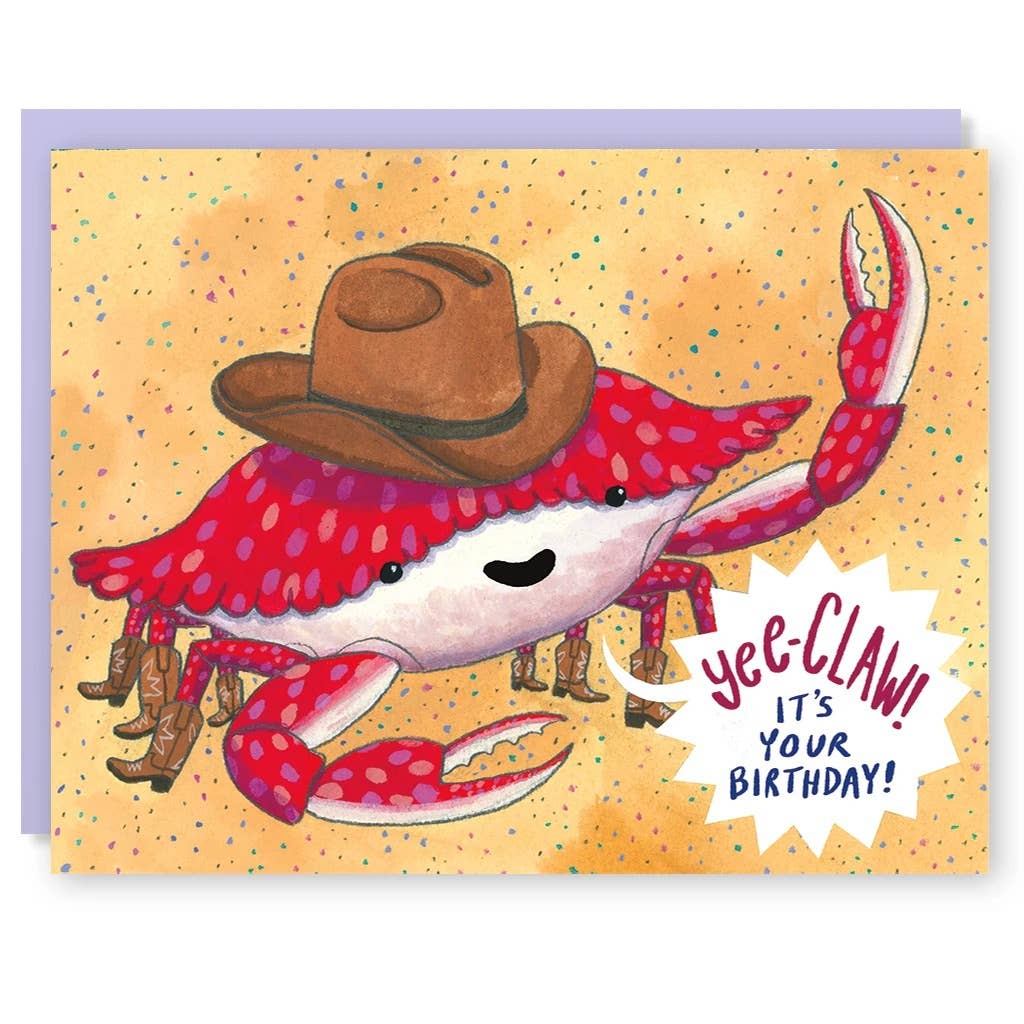 Tan card with red and blue text saying, "Yee-Claw It's Your Birthday!" Image of a red crab dressed as a cowboy. A purple envelope is included.