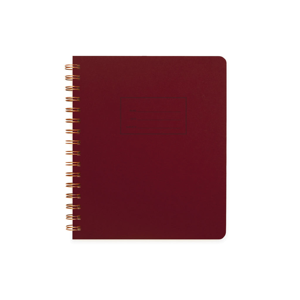 Image burgundy cover with letter pressed text says, “Name” and “Date” with lines for writing in a rectangle. Coiled binding on left side.