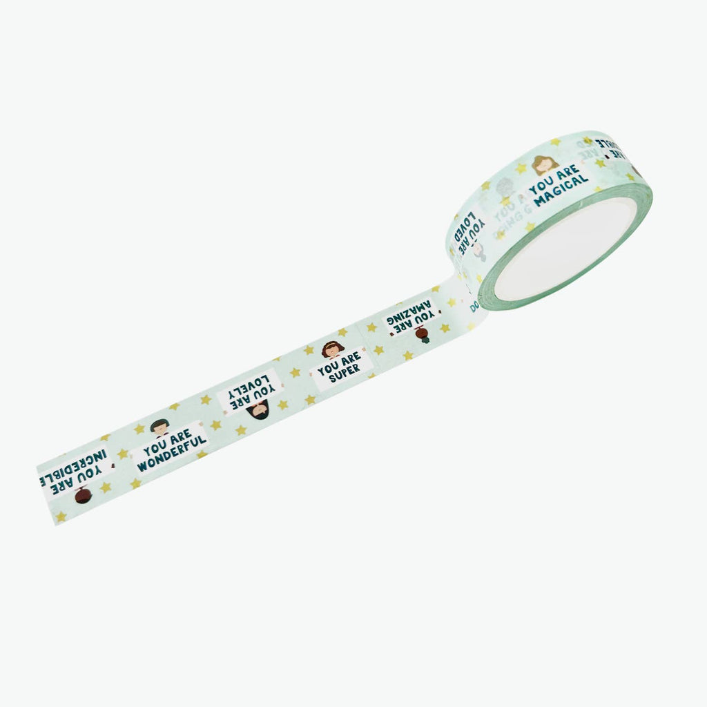 Light green decorative tape with encouraging phrases such as "You are Super" and "You Are Amazing" and "You Are Magical". Images of people's faces and gold stars. 