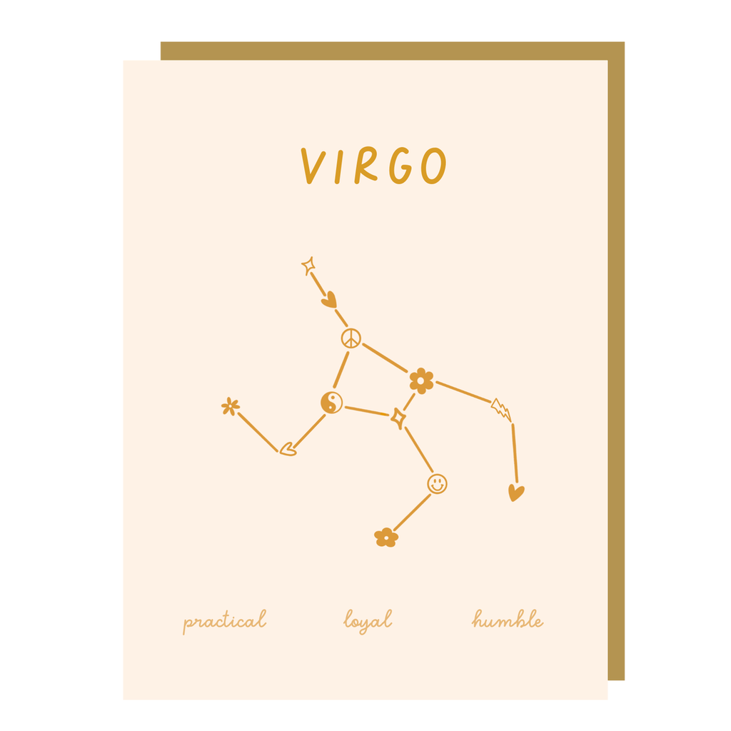 Ivory card with gold text saying, "Virgo Practical Loyal Humble". Image of the Virgo  Zodiac symbol. A gold envelope is included.