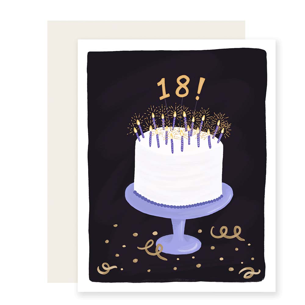 White card with gold text saying, “18!” Image of a white birthday cake on a purple pedestal plate with purple candles. Gold confetti along bottom of card. An ivory card is included.