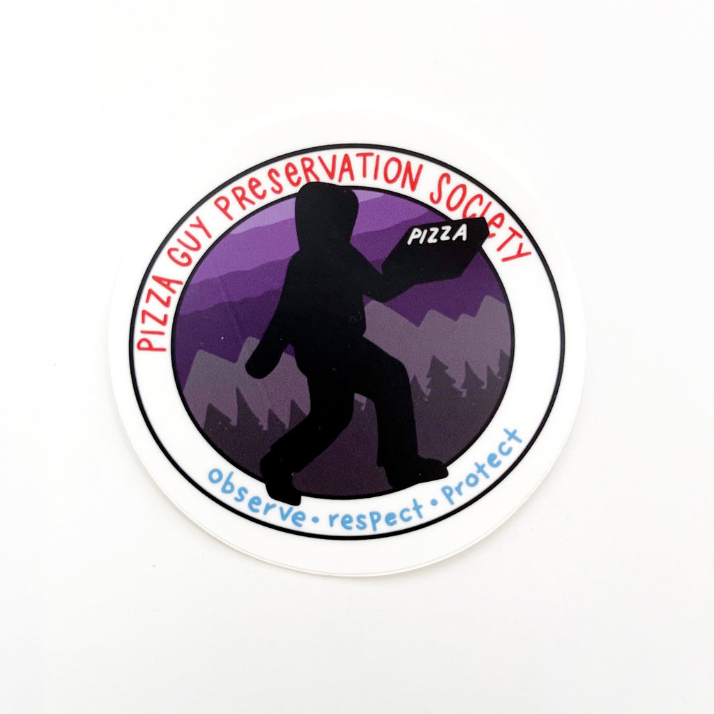 Image of circular sticker with image of "the pizza guy of Natick" in black silhouette carrying a pizza box with red text says, "Pizza guy preservation society" and blue text says, "observe, respect, protect". 