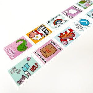 Image of stamp washi tape with images of different pep talks in black text including, "ask for help" with image of kitty holding up a flag, "Boundaries are okay!" with a top secret envelope, "No validation needed" with a checkmark, "Ok to ghost" with a little ghost.