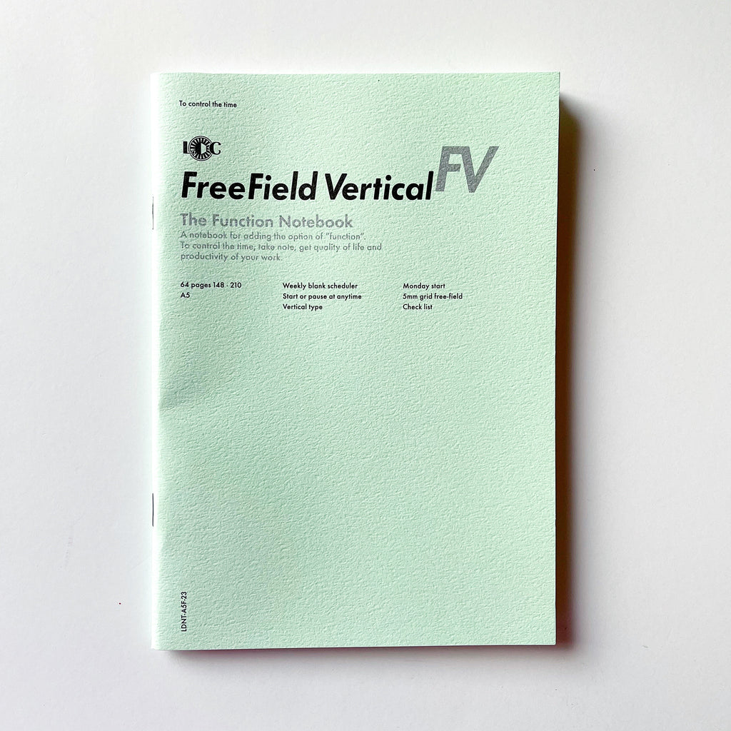 Light green background with black text says, “FreeField Vertical” and grey text says, “The Function Notebook, A notebook for adding the option of “function” to control the time, take note, get quality of life and productivity of your work”. 