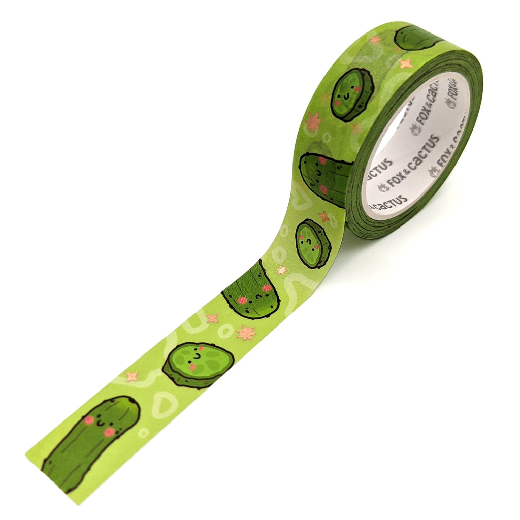 Decorative tape with green background and images of pickles with red stars. 
