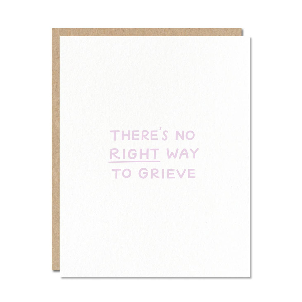White card with lavender text saying, "There's No Right Way to Grieve".  A brown envelope is included.
