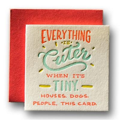 Square white card with orange and teal text saying, "Everything is Cuter When It's Tiny. Houses. Dogs. People. This Card.  A red envelope is included.