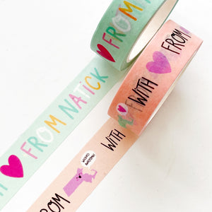 Image of washi tape with peach background with image of mint green state of Massachusetts and black text says, "With" image of pink heart and "from" with pink image of state of Massachusetts with word bubble with black text says, "Wicked awesome".