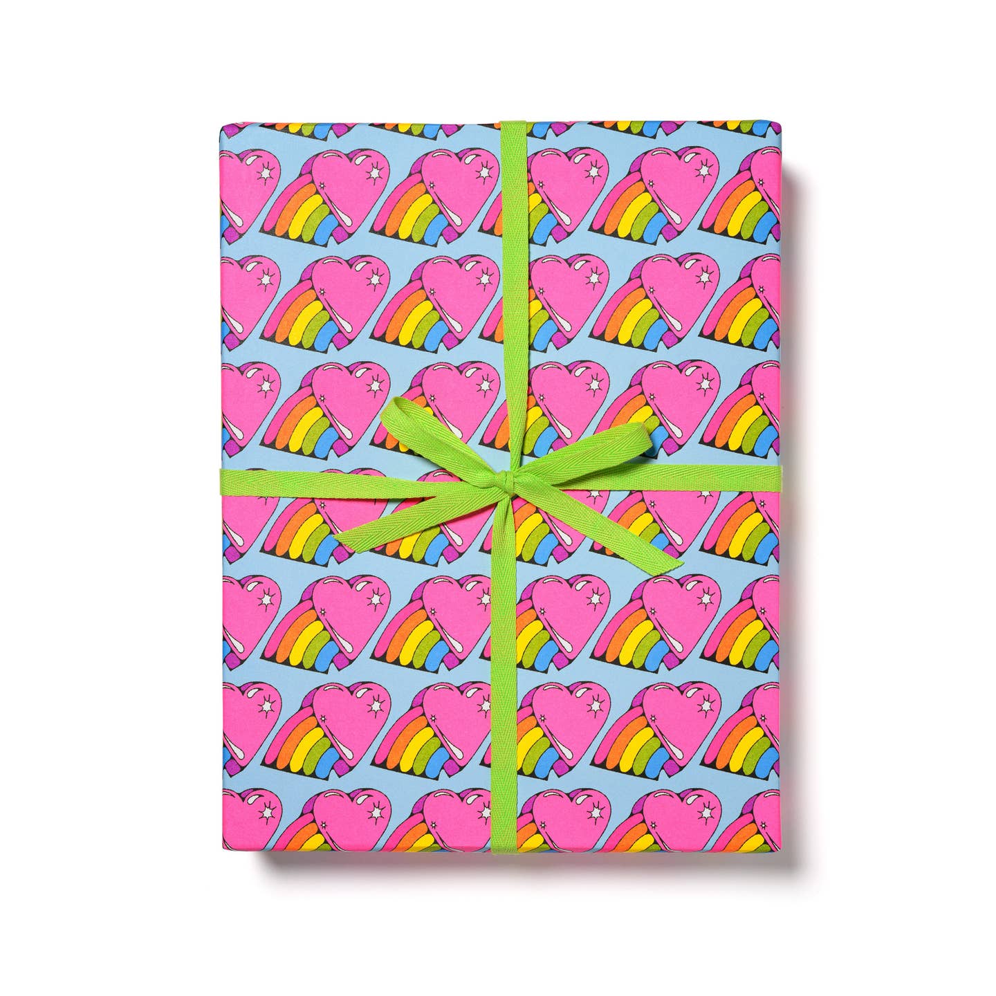 Gift wrap with light blue background and images of bright pink hearts with a rainbow emerging from one side.