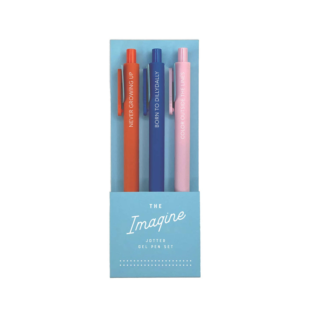 Pen set includes red, blue and pink pens. White text says, "Never growing up, Born to Dilly dally, Color outside the lines".
