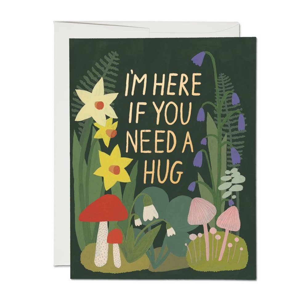 Greeting card depicting colorful mushrooms and flowers on a dark background. Text says "I'm here if you need a hug"