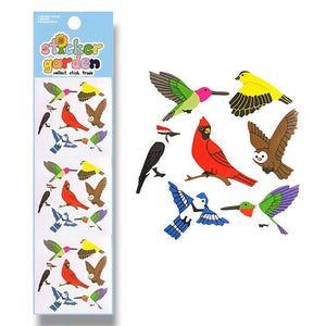 Image of sticker sheet with images of birds including cardinal, woodpecker, owl, blue jay, hummingbird and canary.
