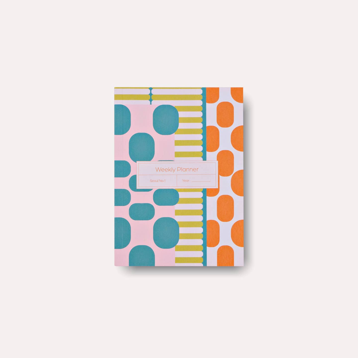 Planner cover with teal, chartreuse, orange and light blue geometric images. 