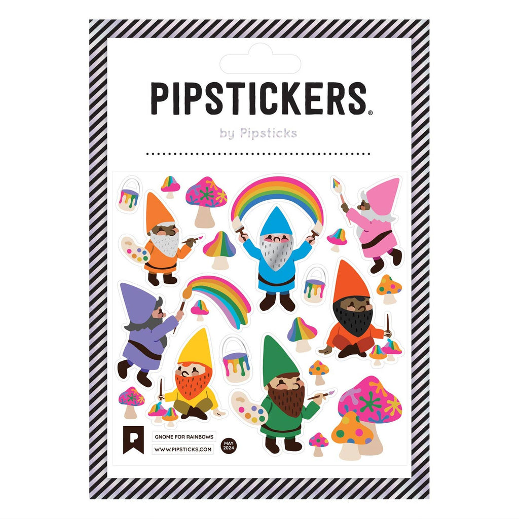 Sticker sheet with images of gnomes with rainbows and creating art on mushrooms and the sky. 