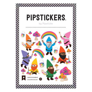 Sticker sheet with images of gnomes with rainbows and creating art on mushrooms and the sky. 