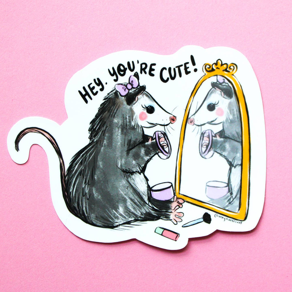 Decorative sticker with white backgroiund and image of a possum sitting in front of a mirror primping and black text says, "Hey. You're cute!".