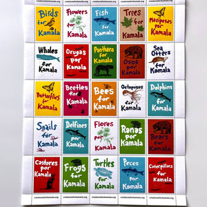 Decorative stamps with yellow, white, blue, red, green and  tan backgrounds with images of creatures with red, blue, green, white text says, "Birds for Kamala", Trees for Kamala", and "Dolphins for Kamala". 