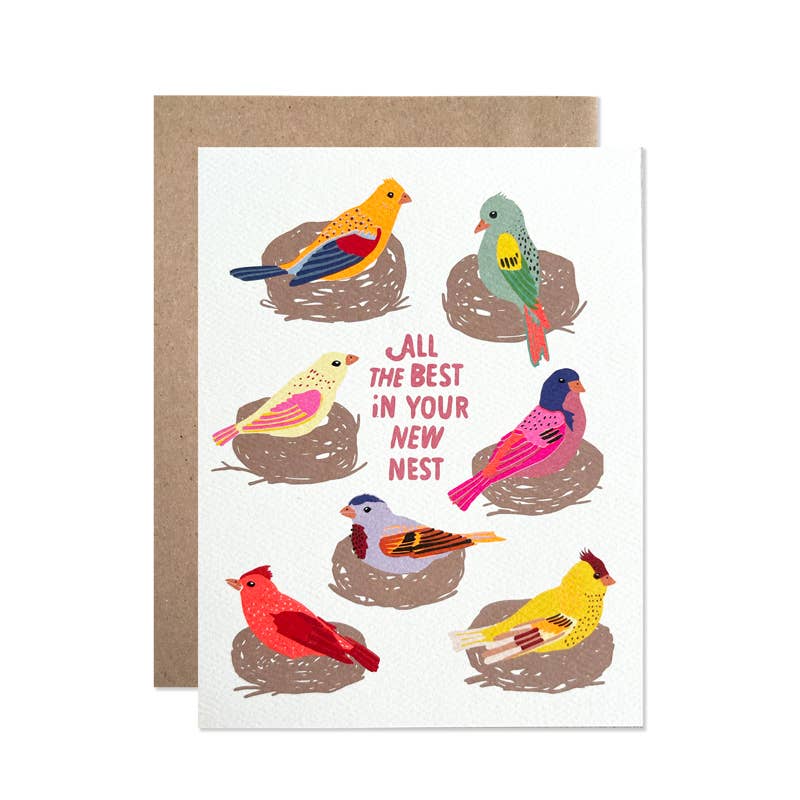 Greeting card with white background and images of colorful birds in their nests with pink text says, "All the best in your new nest". Kraft envelope included.