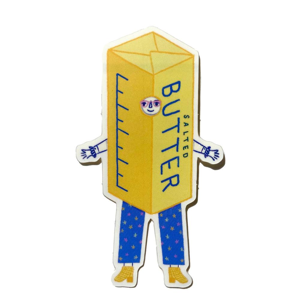 Image of sticker in shape of sticker of butter in yellow wearing  blue pants with a face and arms. 