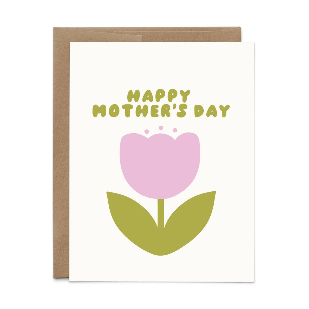 Greeting card with image of a lilac tulip with green stem. Green text says, "Happy Mother's Day". Kraft envelope included. 