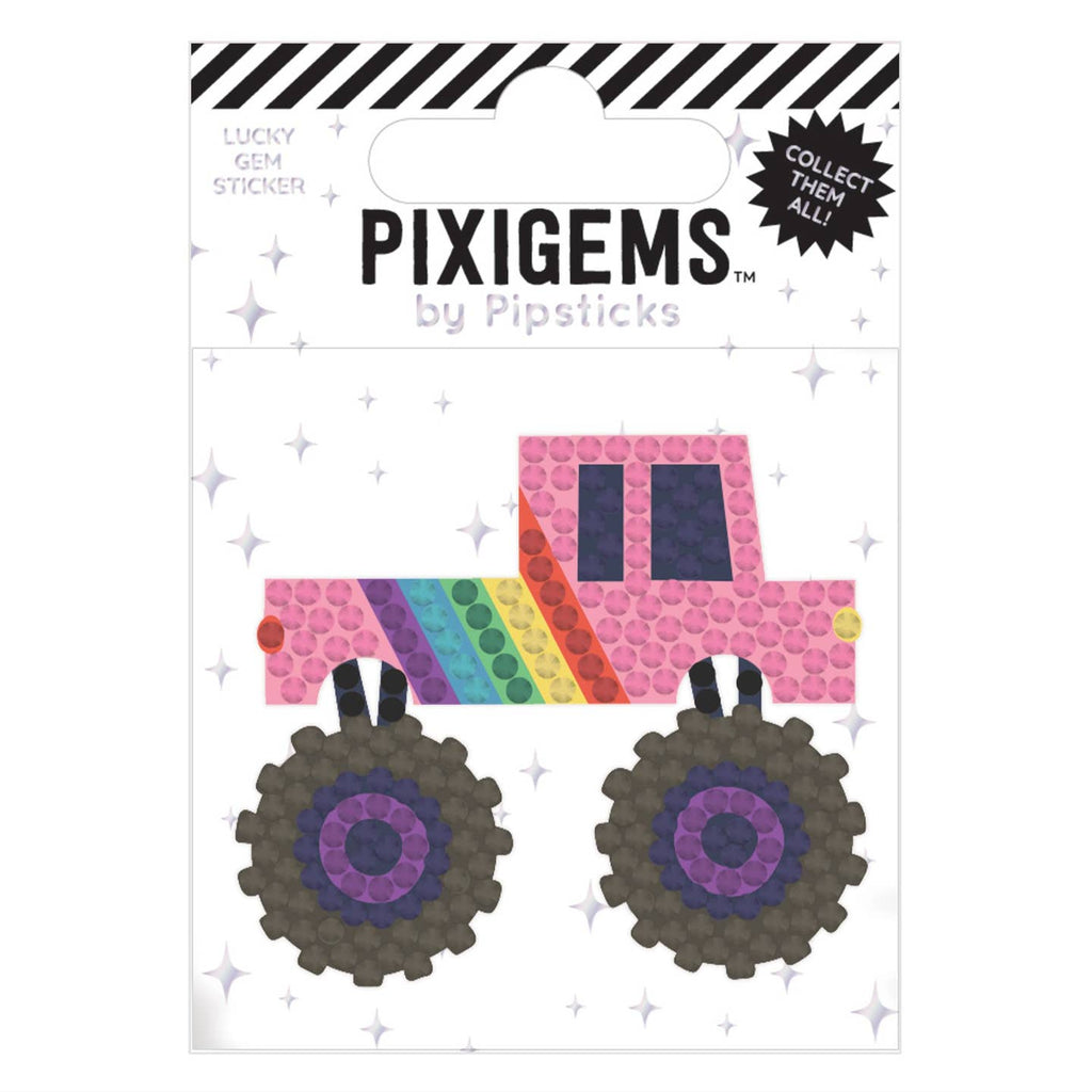 Sticker in image of a monster truck in pink with a rainbow stripe.