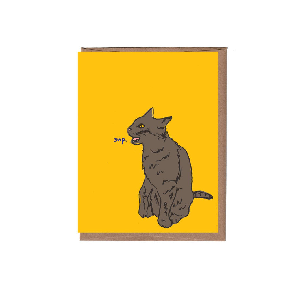 Yellow background with image of grey cat with black text says, "sup.". Kraft envelope included. 